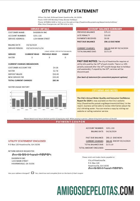 para download Declaração da cidade de serviços públicos dos EUA Modelo de conta de serviços públicos de água em formatos Word e PDF